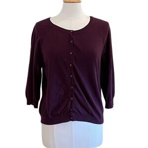 Ann Taylor Aubergine Crew Neck 3/4 Sleeve Cardigan Sweater, Minimalist, XL